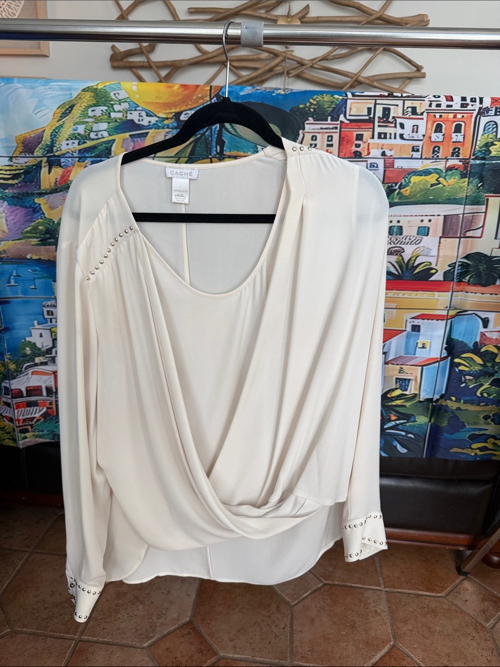 Cachet Ivory Draped Long-Sleeve Blouse with Stud Accents